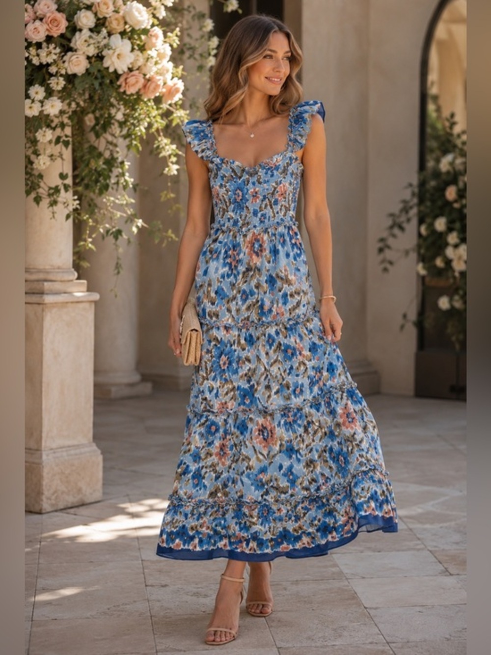 House of Harlow 1960 Boho Smocked Maxi Dress Size Small Blue Floral - Picture 1 of 11